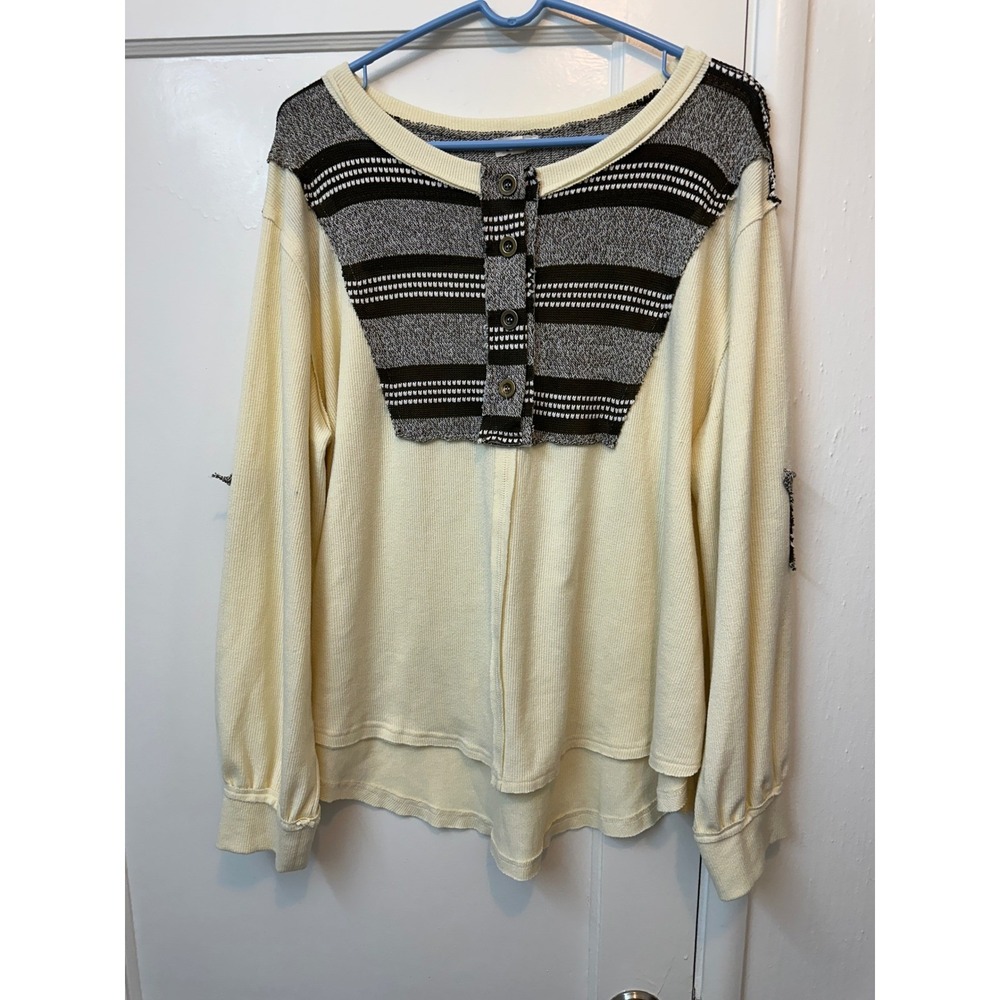 POL Womens Cream Waffle Knit Henley Star Patch Long Sleeve Thermal Top GKT128 L